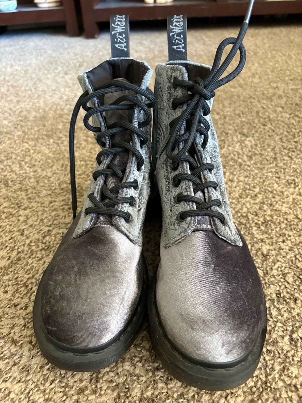 Gray Velvet Embossed Lace-Up Dr. Martens Women's Combat Boots - Picture 2 of 8